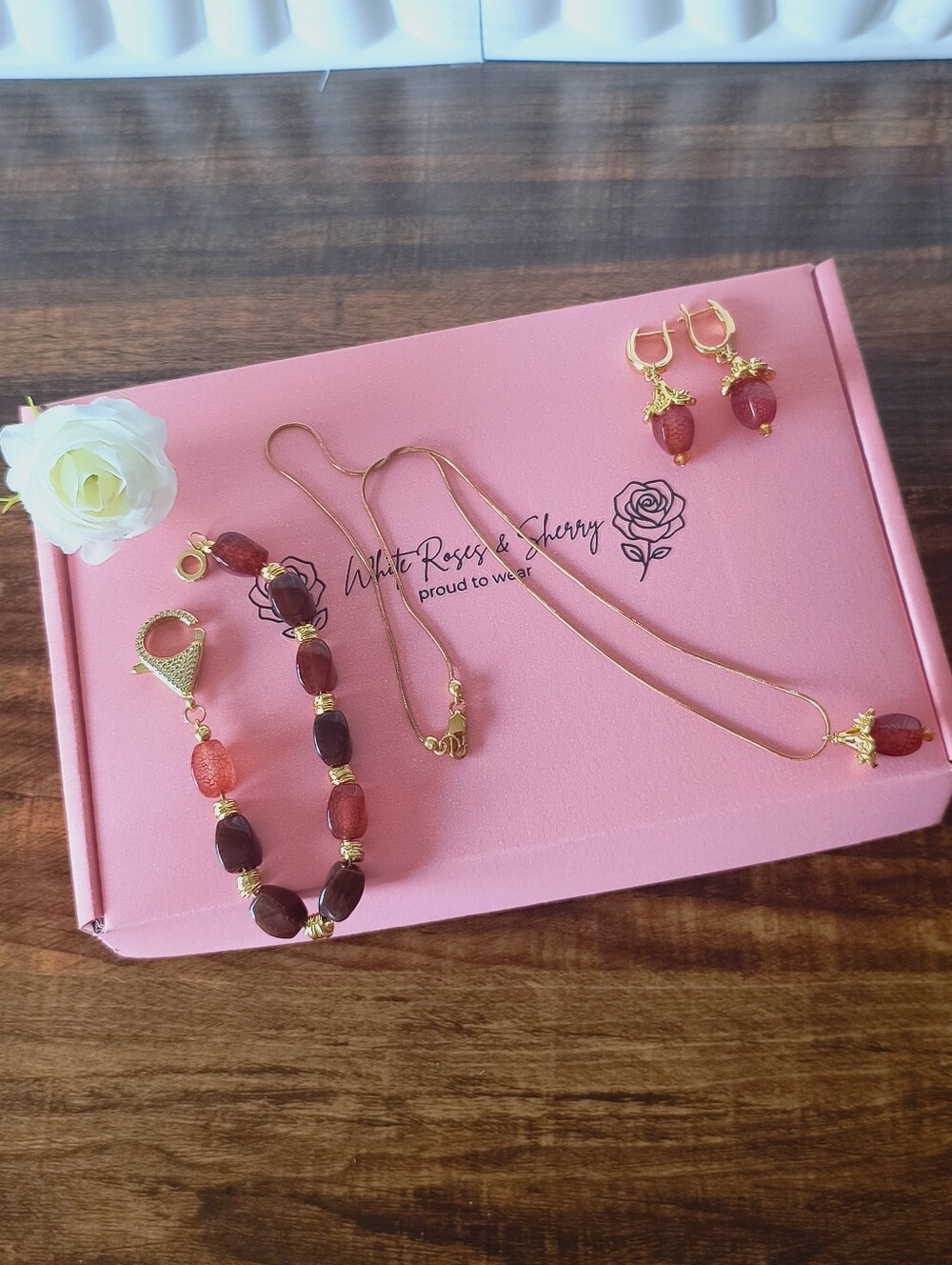 White Roses & Sherry Boutique — 3-Piece Burgundy Dragon Agate & CZ Luxury Set
